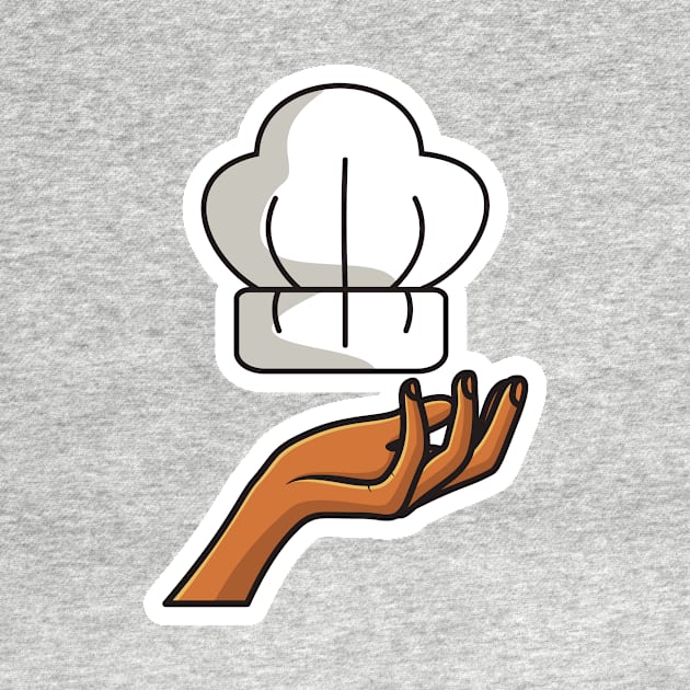 Chef Cooking Hat on Chef Hand Sticker design vector illustration. Kitchen cooking object icon concept. Creative hand and chef cap sticker design logo. Chef logo icon concept. by AlviStudio